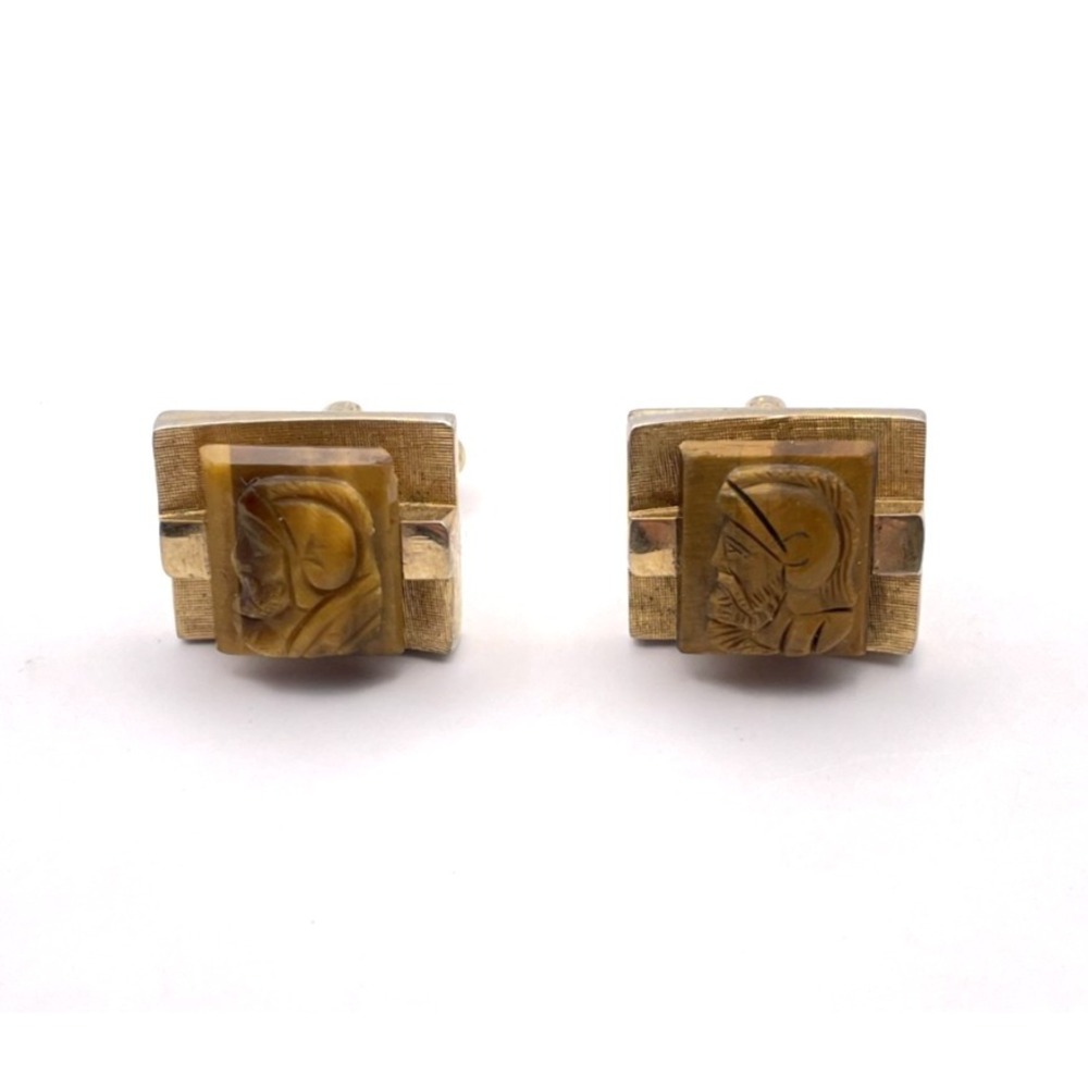 Vintage Mens Cameo Cufflinks Carved Stone Gladiator Trojan Warrior